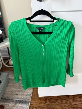 Miss Selfridge Collection Bright Green Ribbed V-Neck Top with Buttons